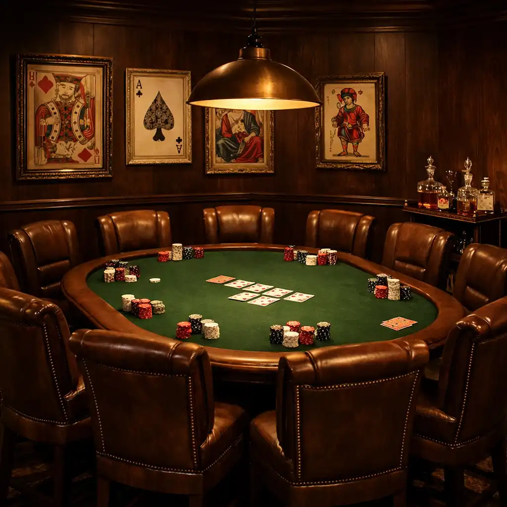 Kameralny card room Qeva Nuro z owalnym stołem do pokera i dziesięcioma skórzanymi krzesłami