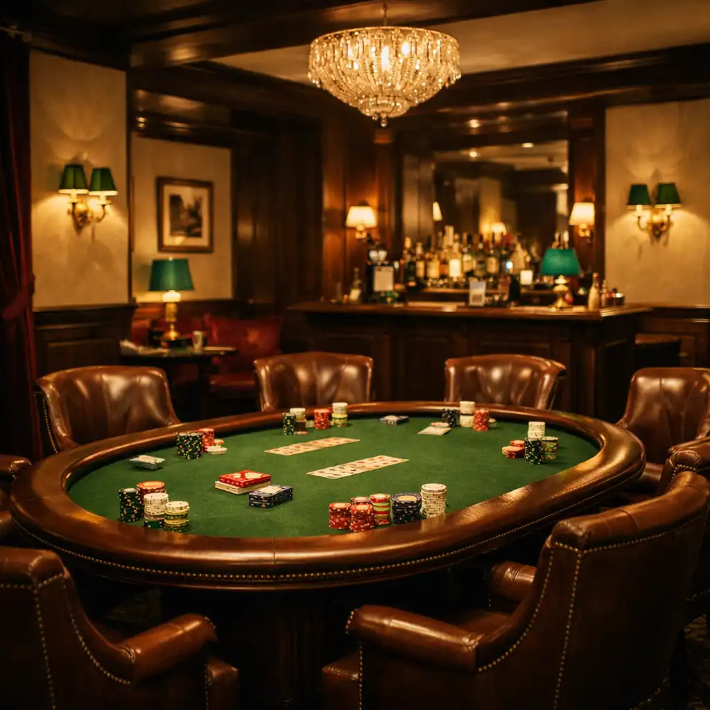 Eleganckie wnętrze Casino Lounge Qeva Nuro z pokerowym stołem i ciepłym oświetleniem