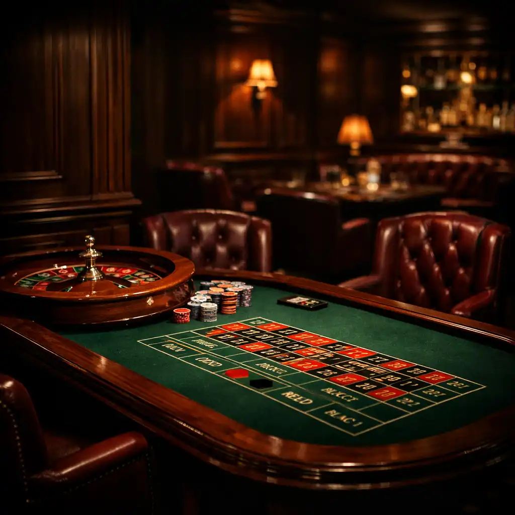 Nastrojowy stół do ruletki w casino lounge Qeva Nuro z ciemną boazerią i burgundowymi krzesłami