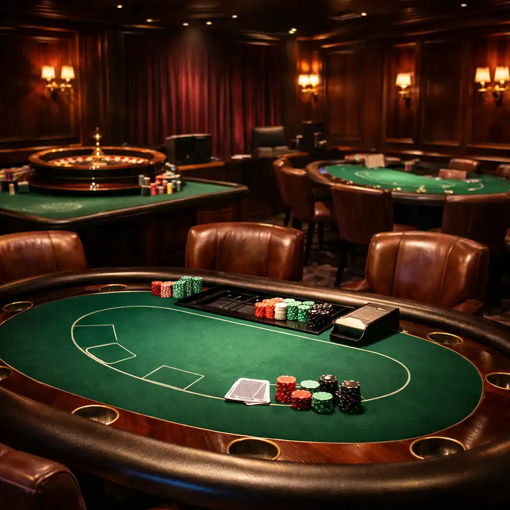 Casino Lounge Qeva Nuro ze stołem do pokera, ruletką i blackjackiem w ciemnym, nastrojowym oświetleniu