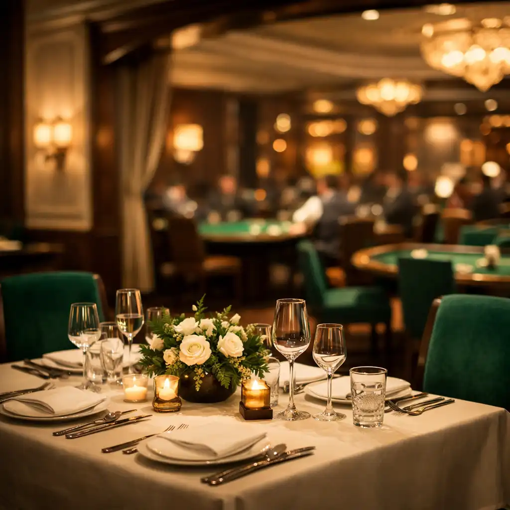 Elegancka restauracja Qeva Nuro z widokiem na stolik do gry w tle