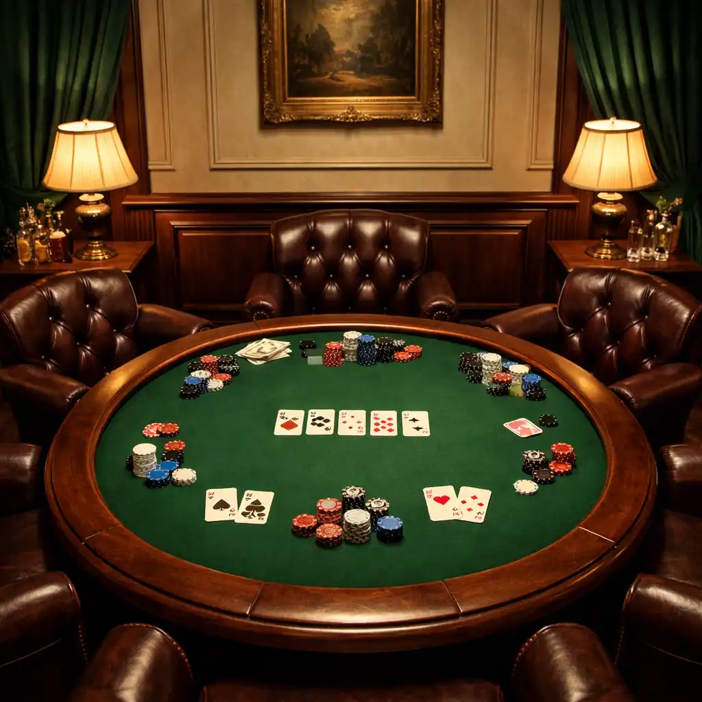 Wnętrze prywatnego salonu gier karcianych Qeva Nuro ze stołem pokerowym i skórzanymi fotelami