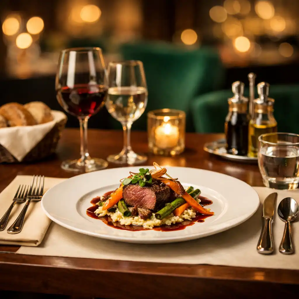 Elegancko nakryty stół w restauracji Qeva Nuro z wykwintnym daniem i ciepłym światłem