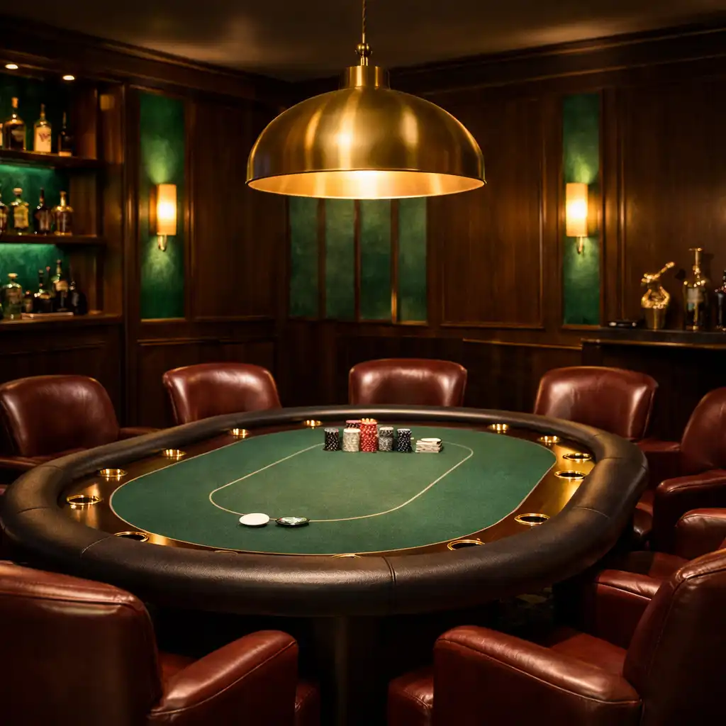 Profesjonalny stół do pokera w poker lounge Qeva Nuro z filcowym blatem i skórzanymi fotelami