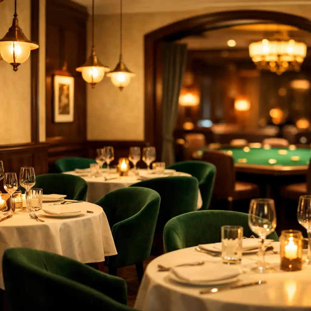 Eleganckie wnętrze restauracji Qeva Nuro z ciemnym drewnem orzechowym, kremowymi ścianami i zielonymi aksamitnymi krzesłami, w tle subtelny stolik do pokera