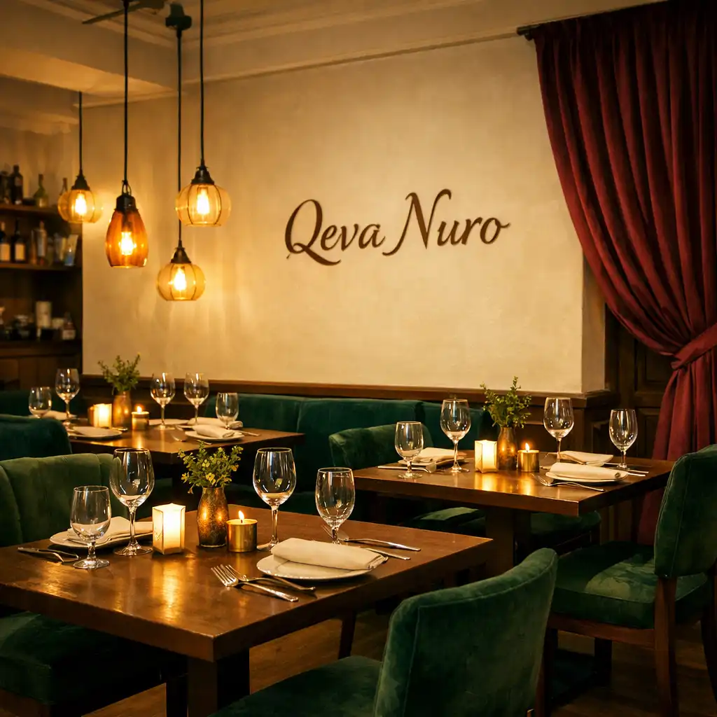Wnętrze restauracji Qeva Nuro z kremowymi ścianami, ciemnym drewnem orzechowym, zielonymi akcentami i burgundową zasłoną
