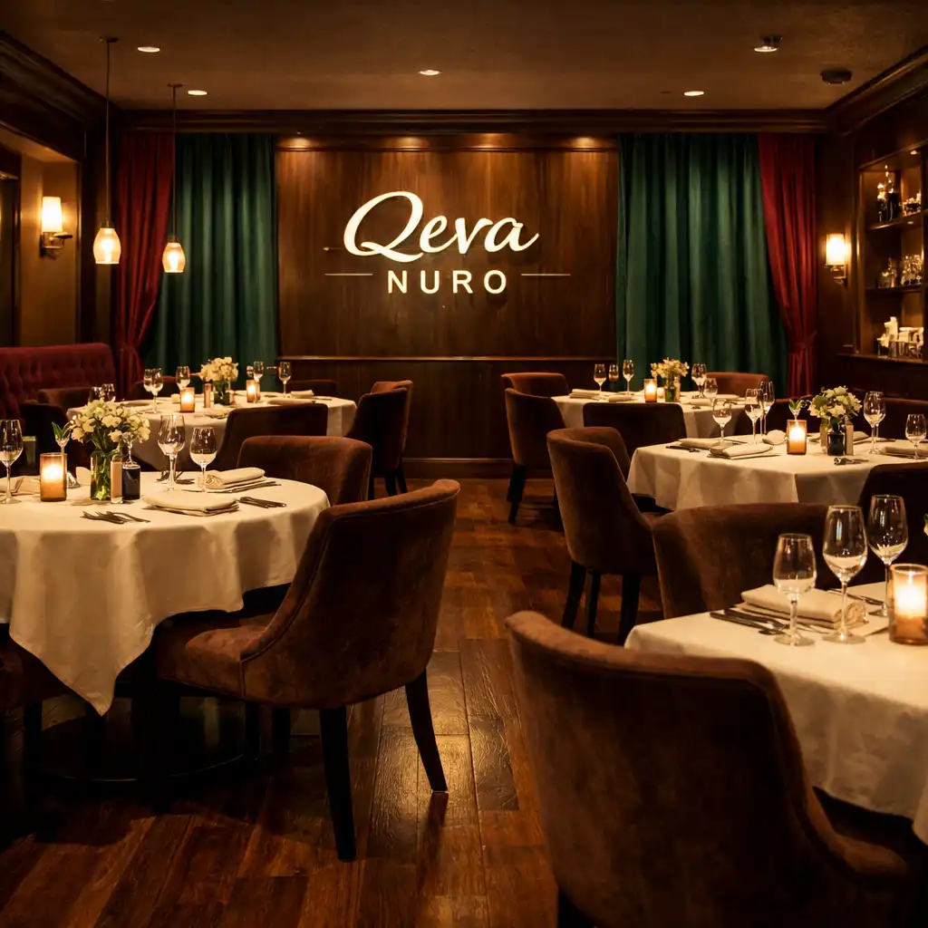 Eleganckie wnętrze restauracji Qeva Nuro z ciemnym orzechem, kremowymi obrusami i ciepłym oświetleniem